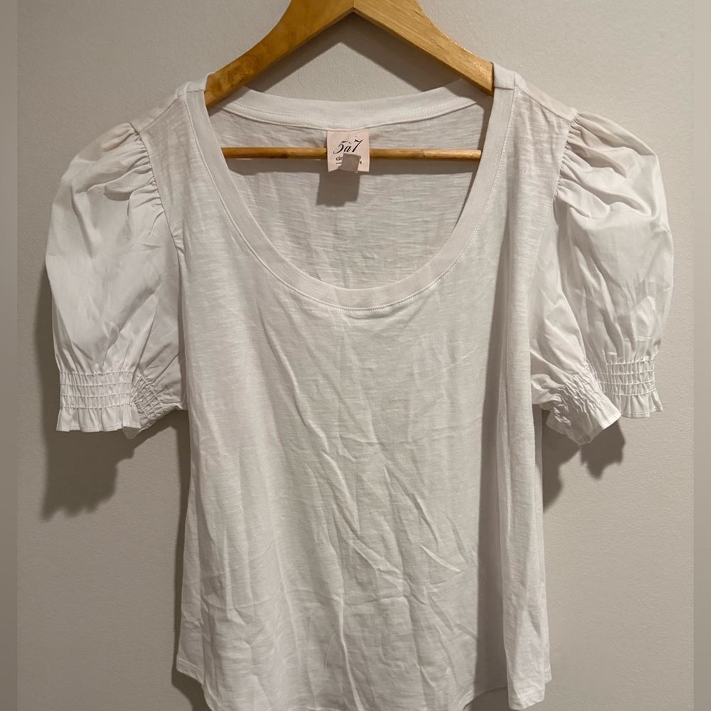 Cinq à Sept White Puff Sleeve Elevated Tee Top Size L Romantic Parisian Chic